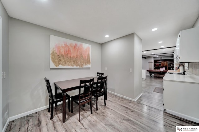 dining room featuring recessed lighting, baseboards, light wood-type flooring, and pool table