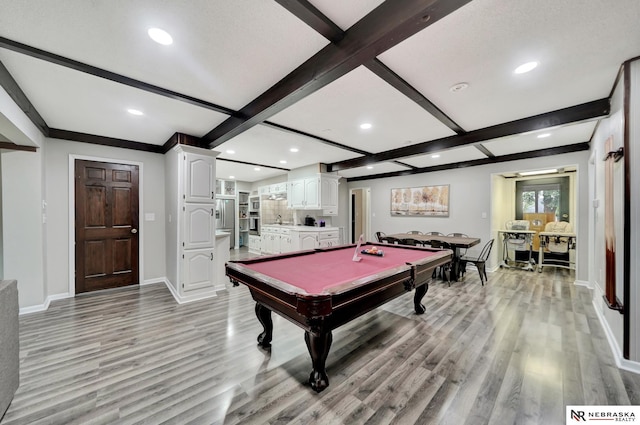 recreation room featuring beam ceiling, light wood-style flooring, recessed lighting, pool table, and baseboards