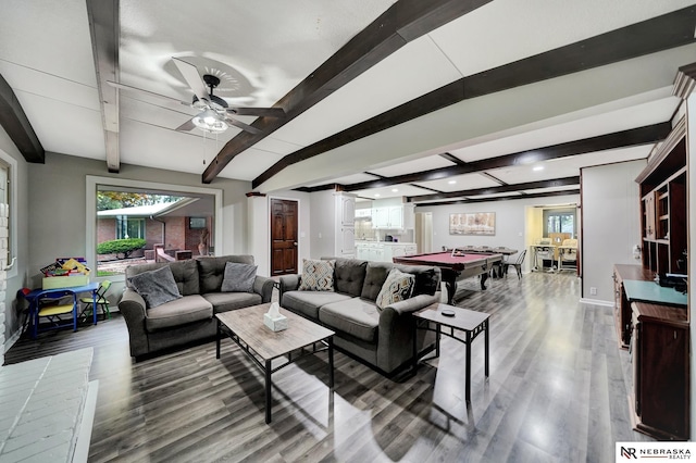 living room with ceiling fan, baseboards, billiards, wood finished floors, and beamed ceiling