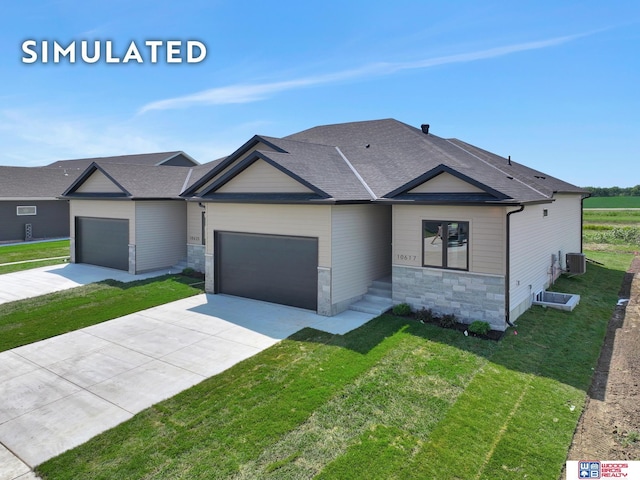 10551 Majestic Ln, Lincoln, NE 68527 - view of front facade with an attached garage, a shingled roof, stone siding, and concrete driveway