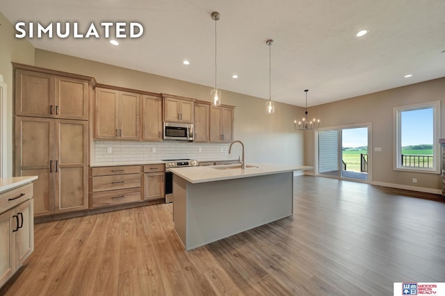 10551 Majestic Ln, Lincoln, NE 68527 - kitchen featuring tasteful backsplash, light wood-type flooring, a chandelier, a sink, and stainless steel appliances