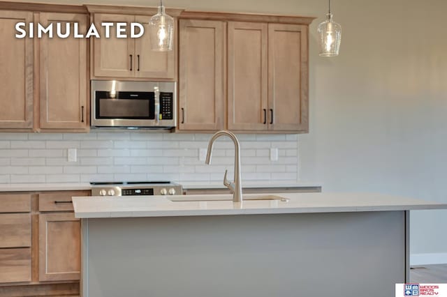 10551 Majestic Ln, Lincoln, NE 68527 - kitchen featuring a sink, light countertops, stainless steel microwave, and backsplash