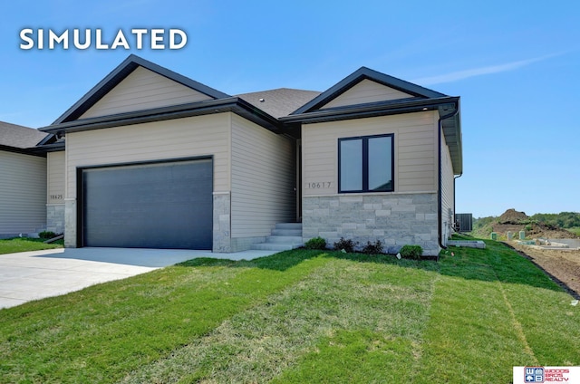 10551 Majestic Ln, Lincoln, NE 68527 - view of front of property featuring central air condition unit, stone siding, a front lawn, a garage, and driveway