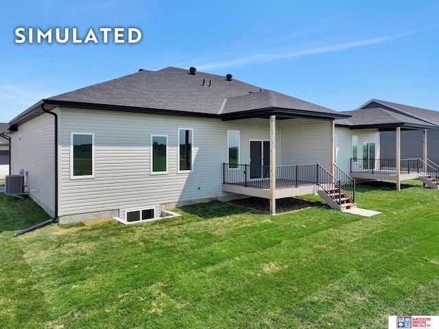 10551 Majestic Ln, Lincoln, NE 68527 - back of property with a shingled roof, a deck, a lawn, and central air condition unit