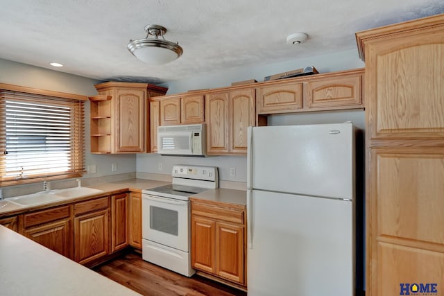 kitchen featuring dark wood finished floors, white appliances, light brown cabinetry, light countertops, and a sink