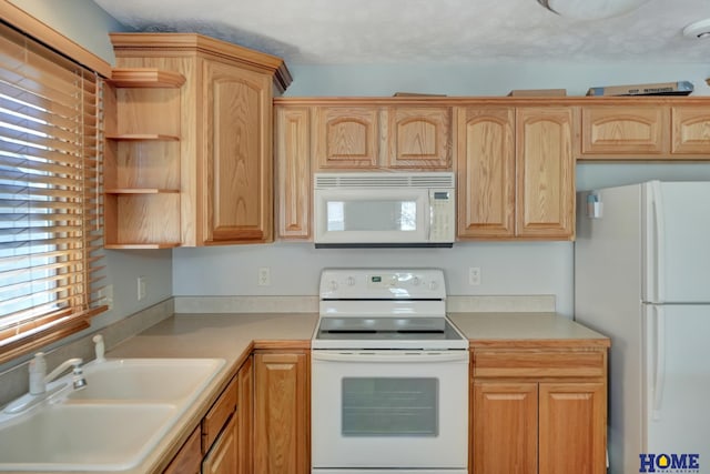 kitchen featuring open shelves, a sink, light countertops, white appliances, and light brown cabinetry