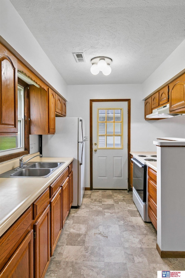 kitchen featuring visible vents, electric range oven, a sink, light countertops, and under cabinet range hood