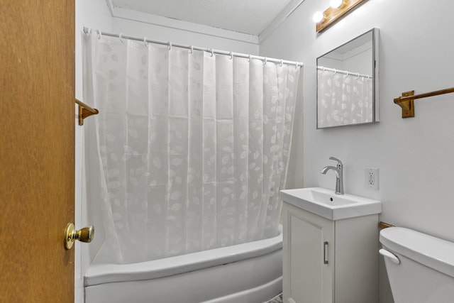 full bathroom with toilet, shower / bathtub combination with curtain, and vanity