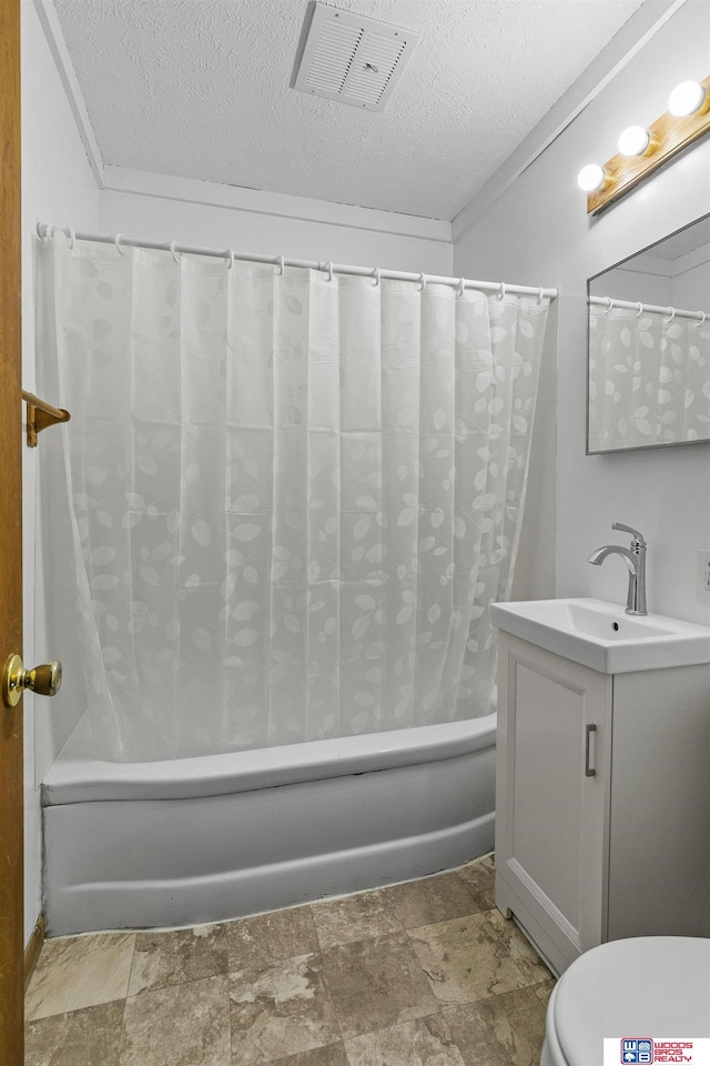 full bath featuring toilet, a textured ceiling, stone finish floor, shower / tub combo, and visible vents