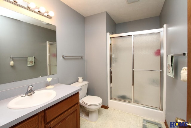 bathroom with toilet, a stall shower, vanity, and visible vents