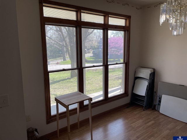 interior space with baseboards, an inviting chandelier, wood finished floors, and a wealth of natural light