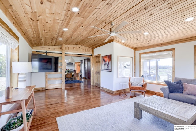 living room featuring recessed lighting, wood finished floors, wooden ceiling, and vaulted ceiling