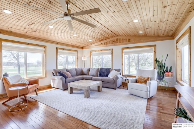 living room with wooden ceiling, a ceiling fan, hardwood / wood-style flooring, recessed lighting, and lofted ceiling