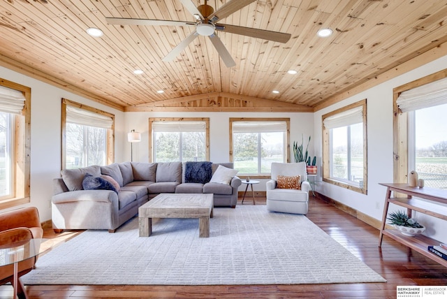 living area with vaulted ceiling, recessed lighting, a ceiling fan, wood-type flooring, and wood ceiling