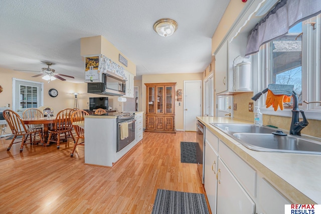 2860 335th St, Logan, IA 51546 - kitchen featuring light wood-type flooring, white cabinetry, a ceiling fan, light countertops, and a sink