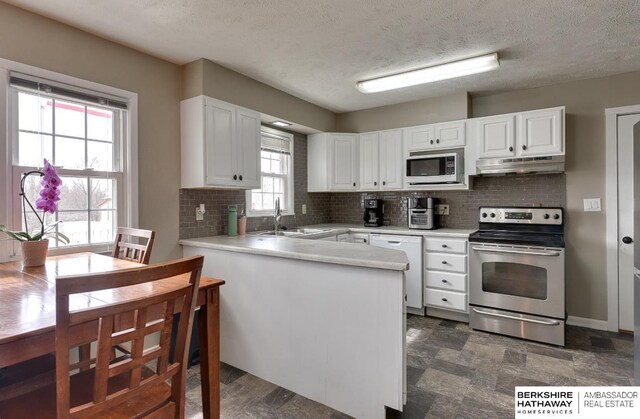 161 S Linden St, Wahoo, NE 68066 - kitchen with stainless steel electric stove, dishwasher, under cabinet range hood, a sink, and white cabinets