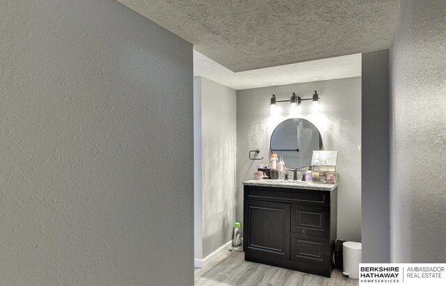 161 S Linden St, Wahoo, NE 68066 - bathroom with wood finished floors, a textured ceiling, vanity, a textured wall, and toilet