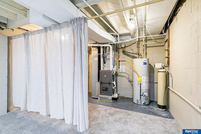 unfinished below grade area featuring gas water heater and heating unit