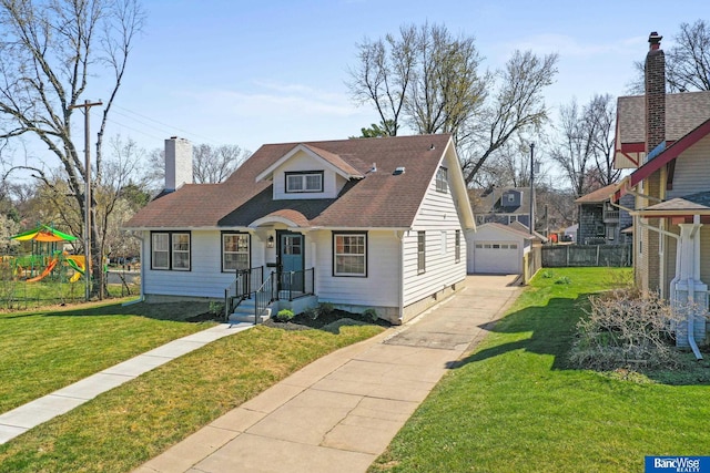 view of front of house with an outdoor structure, a playground, a front lawn, fence, and concrete driveway