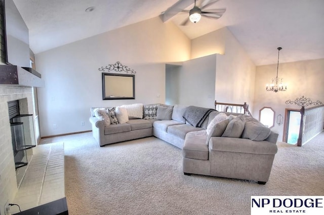 carpeted living room featuring beamed ceiling, a fireplace, high vaulted ceiling, baseboards, and ceiling fan with notable chandelier
