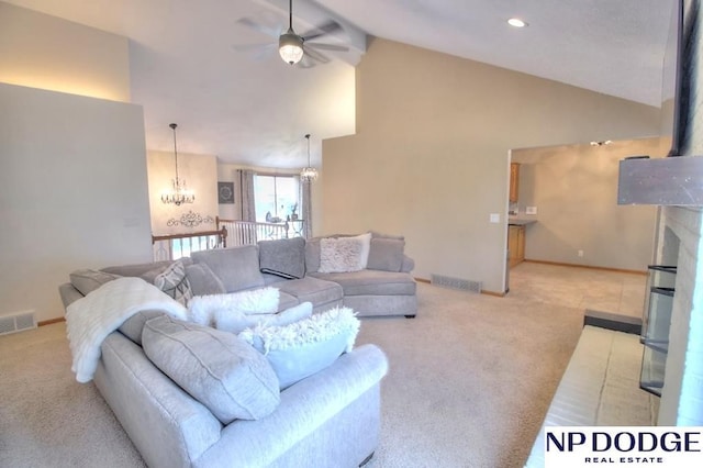 living area featuring high vaulted ceiling, visible vents, baseboards, light colored carpet, and ceiling fan with notable chandelier