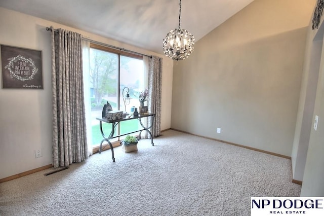 carpeted home office featuring a chandelier, baseboards, visible vents, and vaulted ceiling