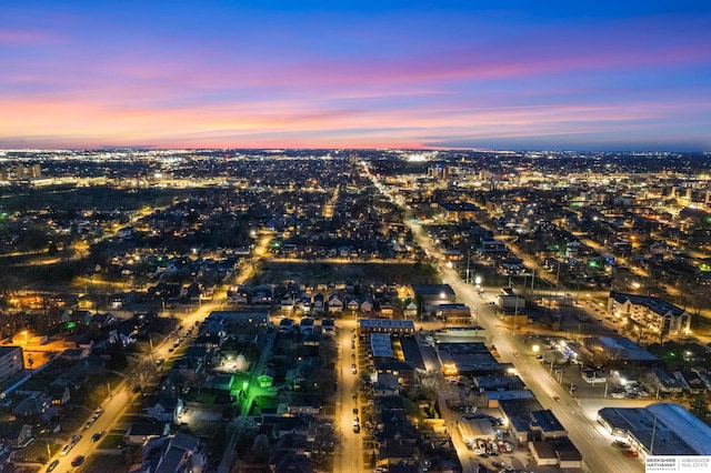 view of aerial view at dusk