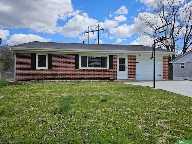 single story home featuring concrete driveway, a garage, a front lawn, and brick siding