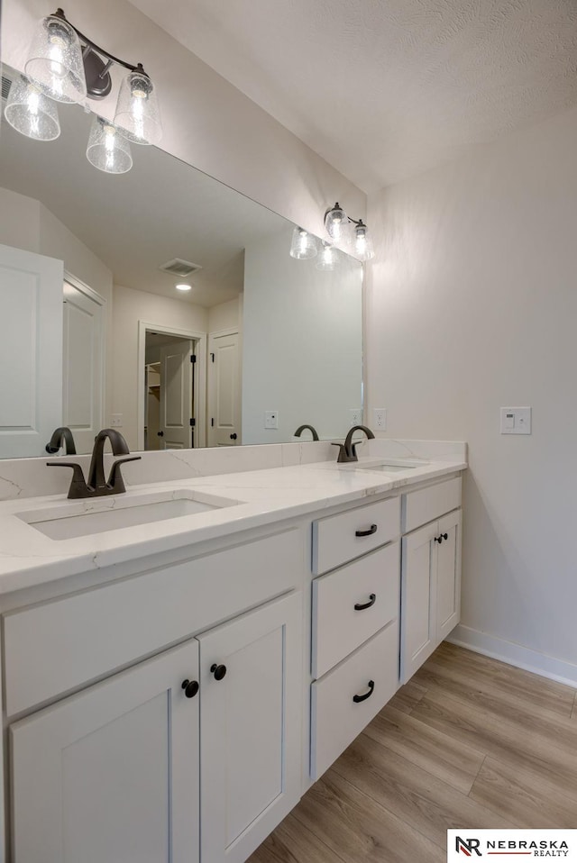 11014 N 161st St, Bennington, NE 68007 - bathroom with double vanity, visible vents, a sink, and wood finished floors
