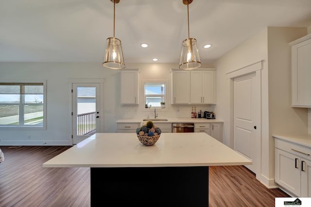 kitchen with light countertops, wood finished floors, a wealth of natural light, and dishwasher