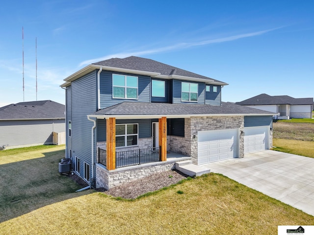 view of front of property with cooling unit, a porch, stone siding, a front lawn, and concrete driveway