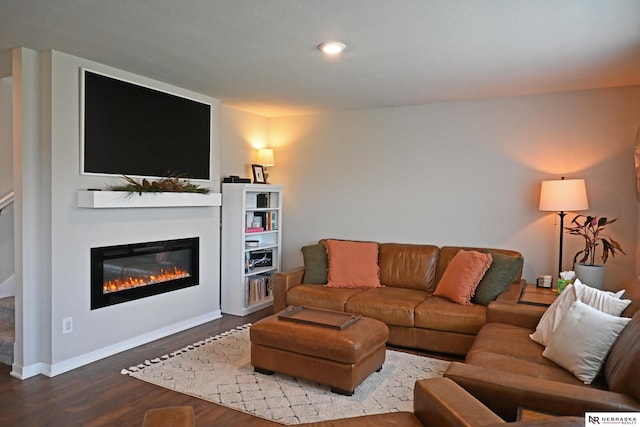 living area featuring a glass covered fireplace, baseboards, and wood finished floors