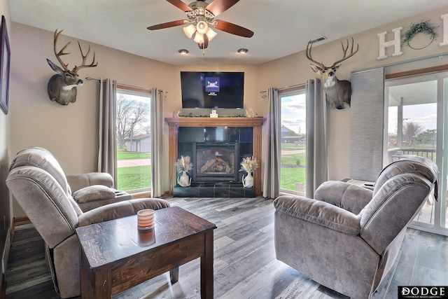living area with wood finished floors, ceiling fan, and a fireplace