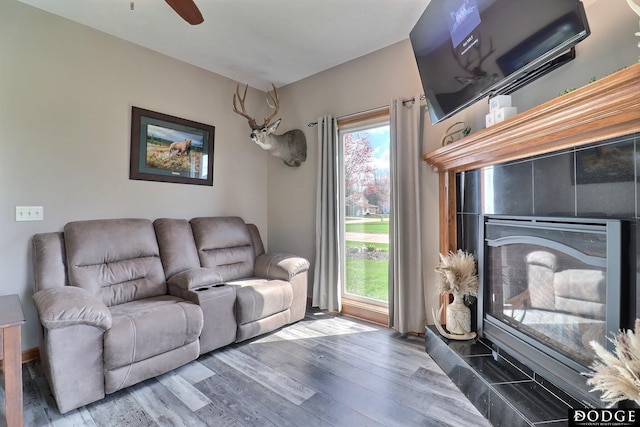 living room featuring wood finished floors and a ceiling fan
