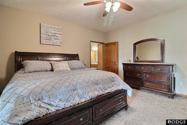 bedroom with light carpet and a ceiling fan
