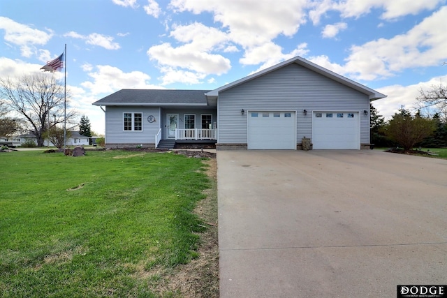 single story home featuring a porch, a garage, concrete driveway, and a front lawn