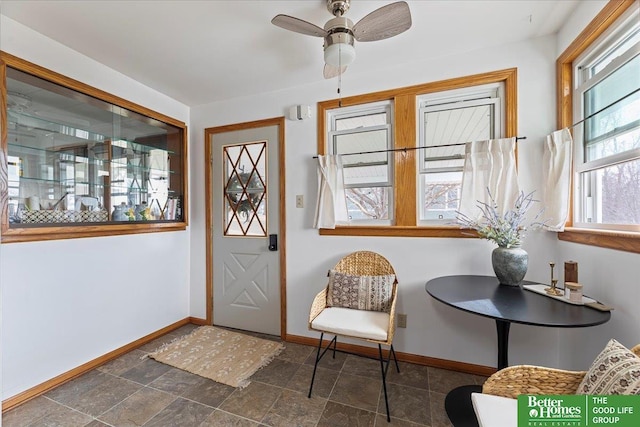 foyer entrance with baseboards, a ceiling fan, and stone finish flooring