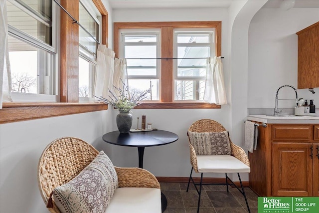 sitting room featuring arched walkways, baseboards, and a wealth of natural light