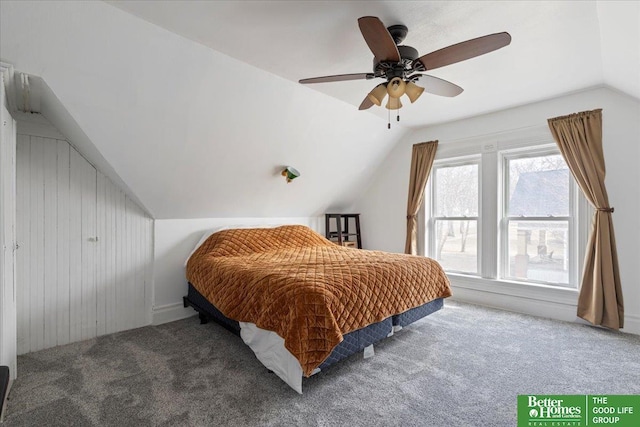 bedroom with a ceiling fan, carpet, and vaulted ceiling