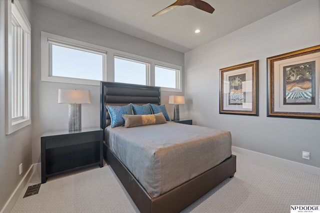 bedroom featuring ceiling fan, carpet flooring, baseboards, and recessed lighting