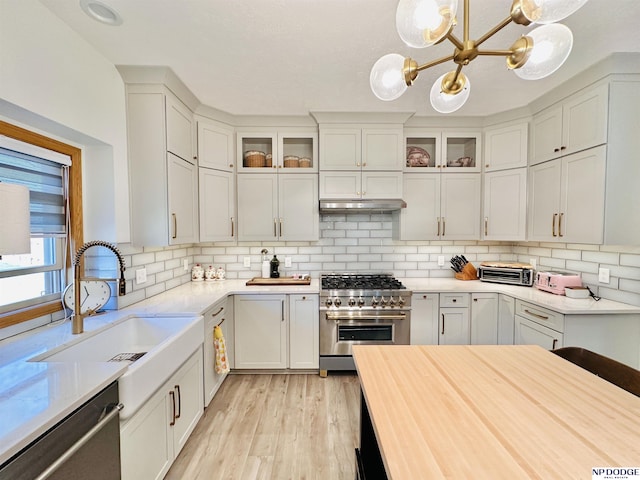 kitchen with an inviting chandelier, light countertops, under cabinet range hood, appliances with stainless steel finishes, and a sink
