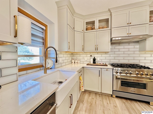 kitchen featuring a sink, light wood-style floors, under cabinet range hood, decorative backsplash, and high end range
