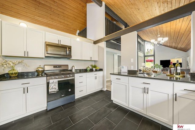 kitchen featuring an inviting chandelier, wooden ceiling, white cabinets, and stainless steel appliances