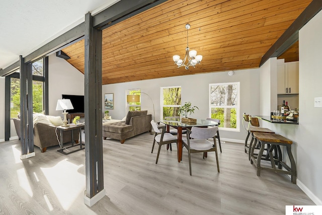 dining room with an inviting chandelier, baseboards, vaulted ceiling with beams, light wood-type flooring, and wood ceiling