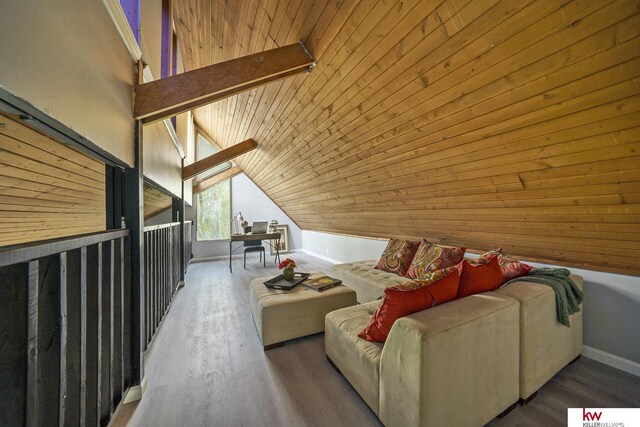 interior space with wood ceiling, baseboards, vaulted ceiling, and wood finished floors