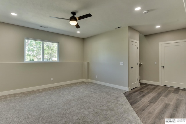 unfurnished room featuring baseboards, a ceiling fan, recessed lighting, and visible vents