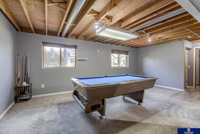 rec room with baseboards, carpet flooring, and pool table