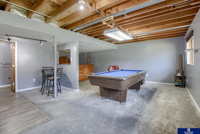 rec room featuring track lighting, baseboards, carpet floors, and pool table