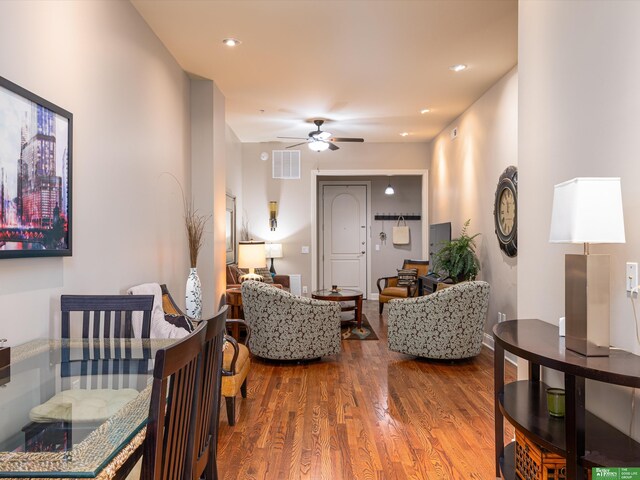 210 S 16th St Unit 901, Omaha, NE 68102 - living room with wood finished floors, ceiling fan, and recessed lighting