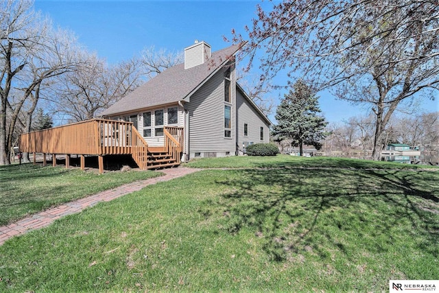 view of property exterior featuring a deck, a chimney, and a lawn